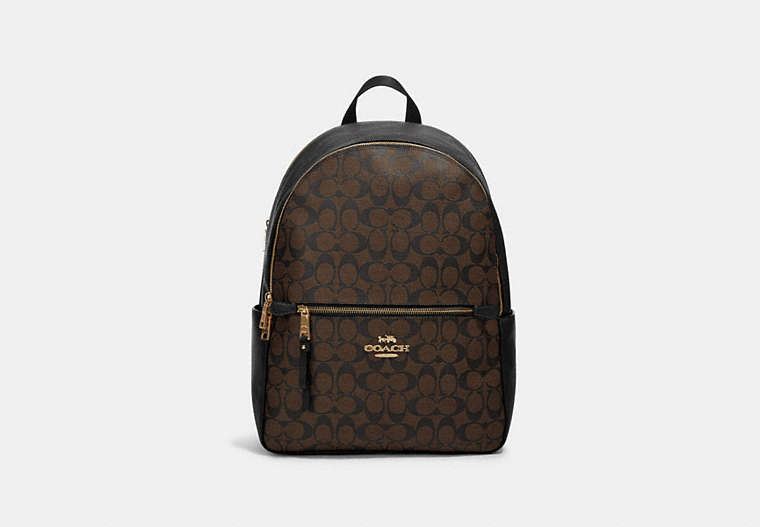 COACH®,ADDISON BACKPACK IN SIGNATURE CANVAS,Leather,Gold/Brown Black,Front View
