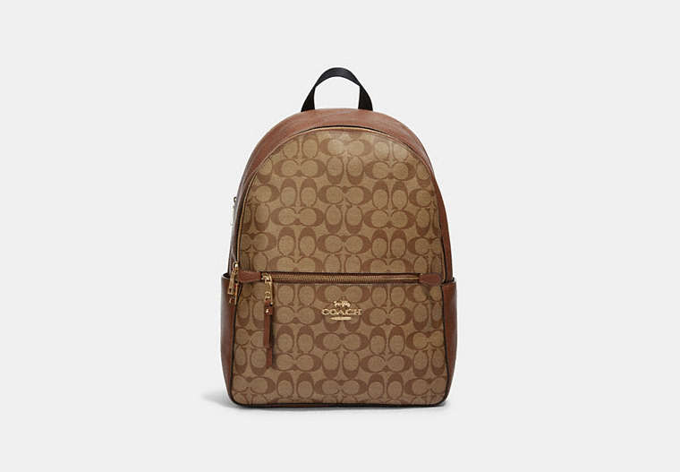 COACH®,ADDISON BACKPACK IN SIGNATURE CANVAS,Leather,Gold/Khaki Saddle 2,Front View