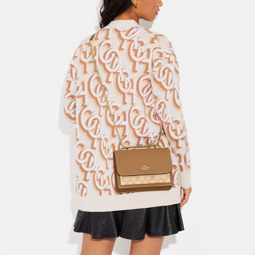 COACH®,Klare Crossbody Bag In Signature Canvas,Leather,Canvas,Crossbody,PVC,Color Block,Logo,Gusset,Gold Metal,Day Party,Beige,Detail View