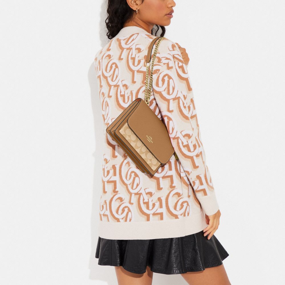 COACH®,Klare Crossbody Bag In Signature Canvas,Leather,Canvas,Crossbody,PVC,Color Block,Logo,Gusset,Gold Metal,Day Party,Beige,Detail View