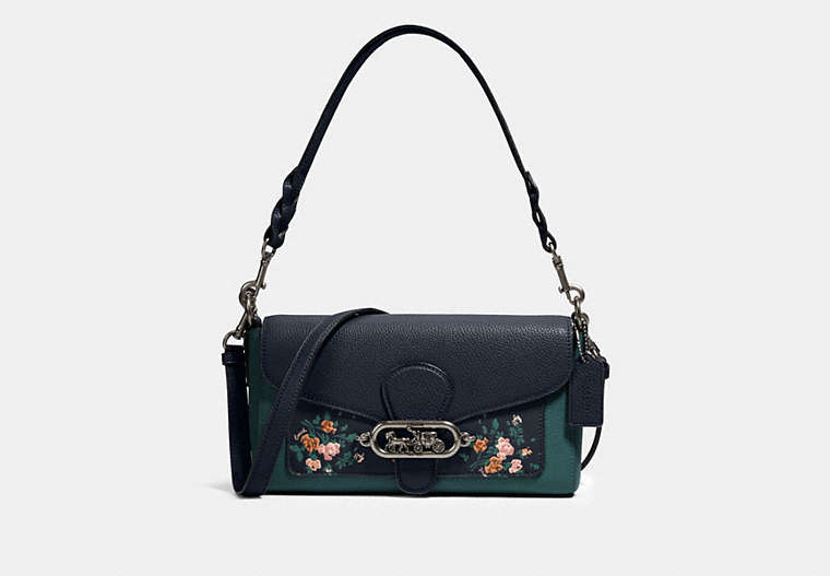 COACH®,JADE SHOULDER BAG WITH ROSE BOUQUET PRINT,pvc,Silver/Midnight Multi,Front View