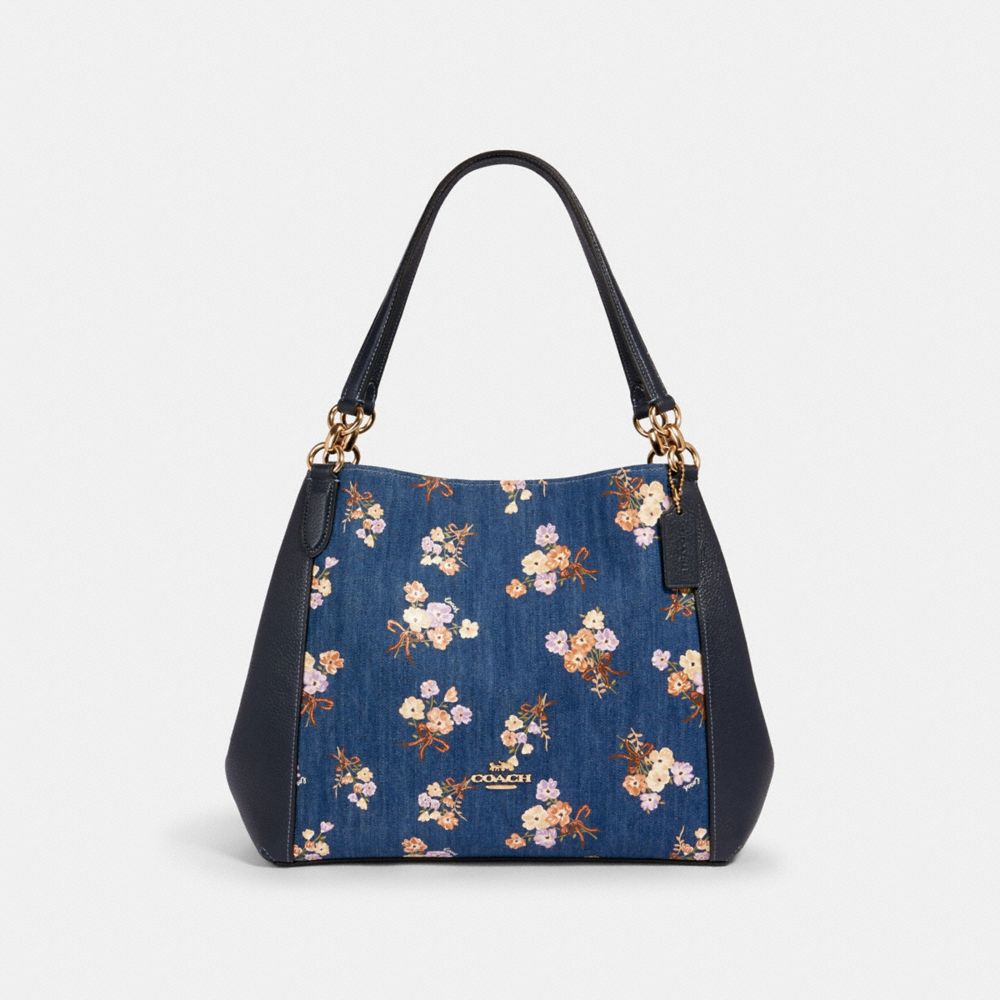 COACH®,HALLIE SHOULDER BAG WITH PAINTED FLORAL BOX PRINT,Leather,Gold/DENIM MULTI,Front View