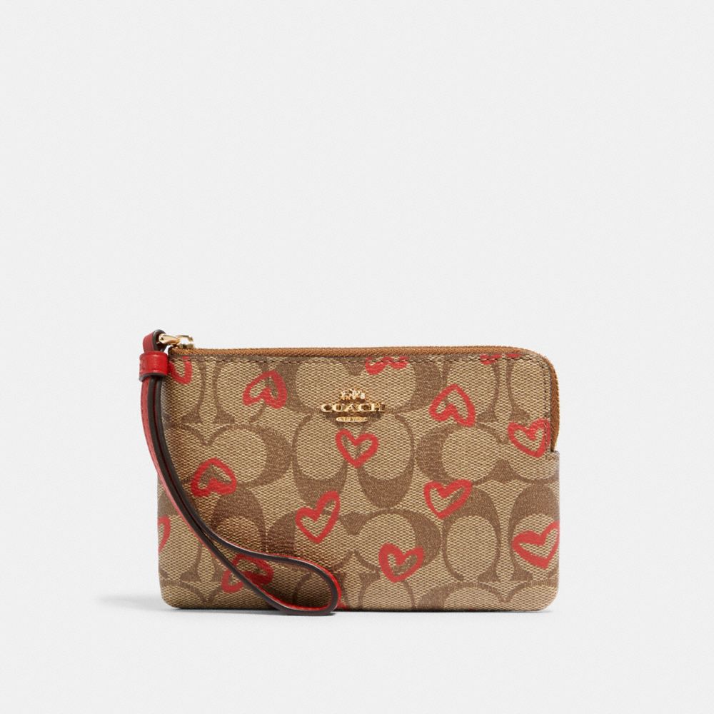 Corner Zip Wristlet In Signature Canvas With Crayon Hearts Print