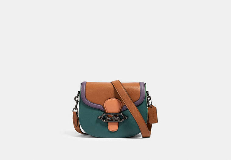 COACH®,JADE SADDLE BAG IN COLORBLOCK,Leather,Gunmetal/Dark Turquoise Multi,Front View