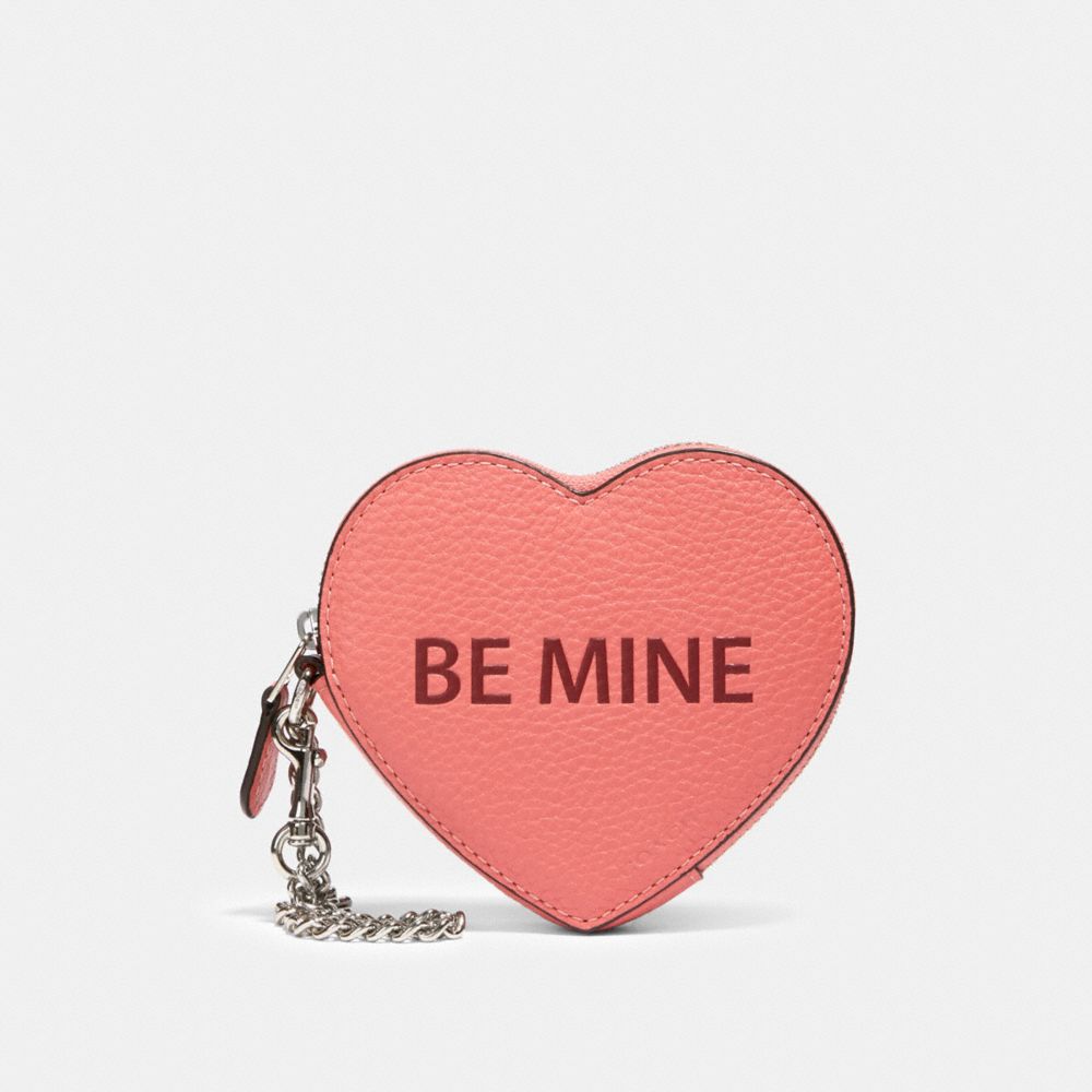 COACH®,HEART COIN CASE WITH BE MINE AND XOXO MOTIF,Silver/Bright Coral,Front View