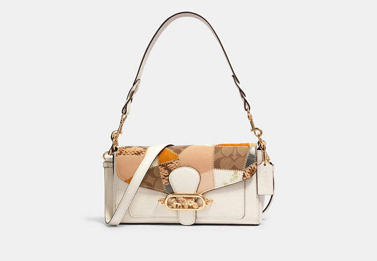 COACH®,JADE SHOULDER BAG WITH PATCHWORK,Leather,Gold/Chalk Multi,Front View