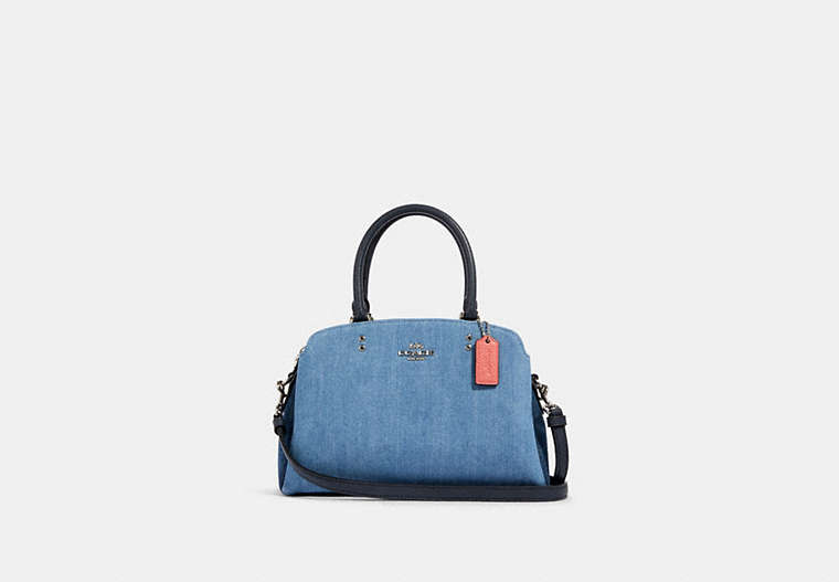 COACH®,MINI LILLIE CARRYALL,Leather,Silver/Denim Multi,Front View
