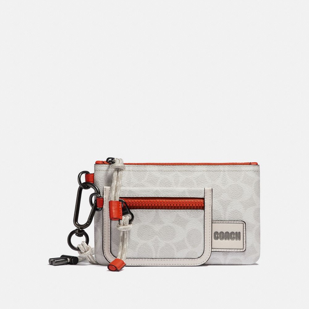 COACH®,DOUBLE POUCH LANYARD IN SIGNATURE CANVAS WITH COACH PATCH,pvc,Chalk/Mango,Front View