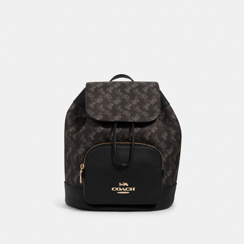 COACH®,JES BACKPACK WITH HORSE AND CARRIAGE PRINT,Leather,Gold/Black Grey Multi,Front View