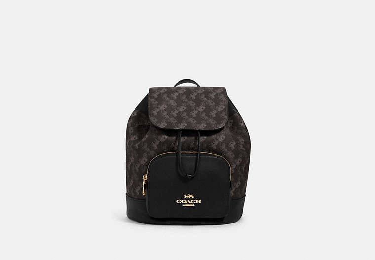 COACH®,JES BACKPACK WITH HORSE AND CARRIAGE PRINT,Leather,Gold/Black Grey Multi,Front View