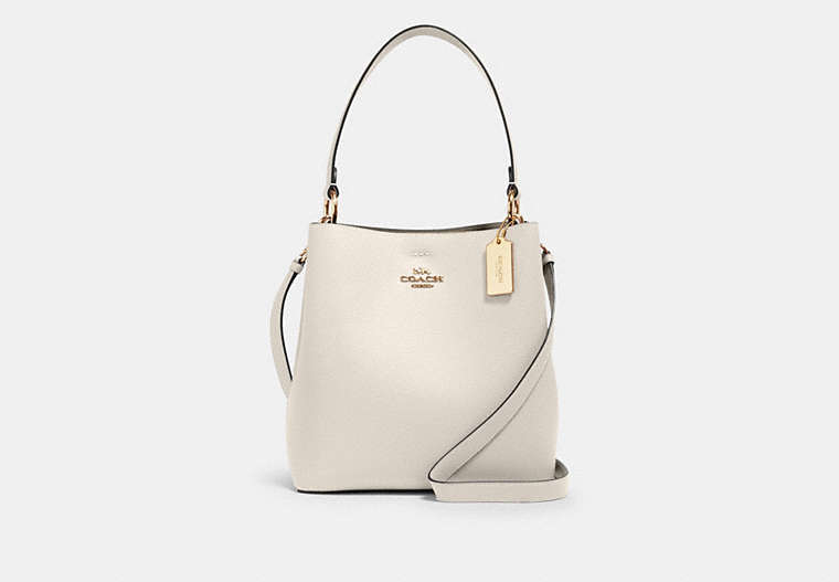 COACH®,TOWN BUCKET BAG,Pebbled Leather,Medium,Gold/Chalk Light Saddle,Front View
