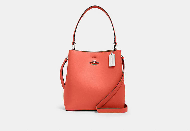 COACH®,TOWN BUCKET BAG,Pebbled Leather,Medium,Silver/Tangerine Taupe,Front View