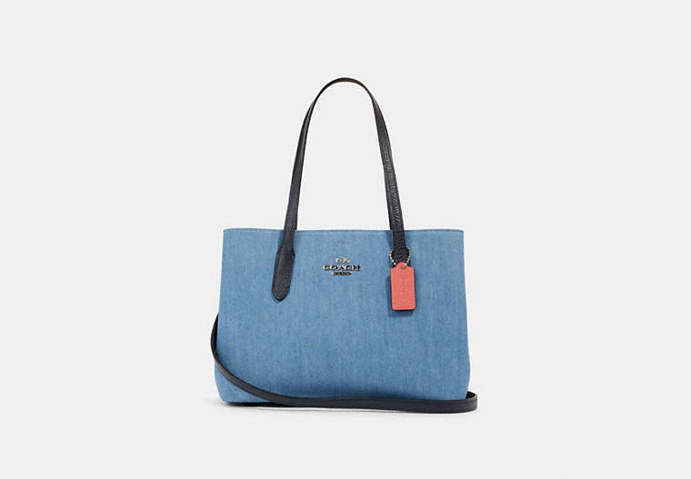 COACH®,AVENUE CARRYALL,Leather,Silver/Denim Bright Coral,Front View