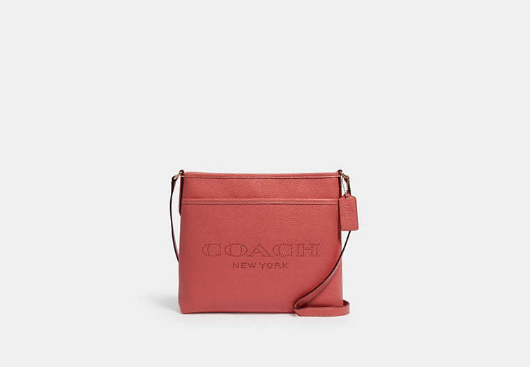 COACH®,FILE CROSSBODY WITH COACH PRINT,Leather,Gold/Bright Coral,Front View