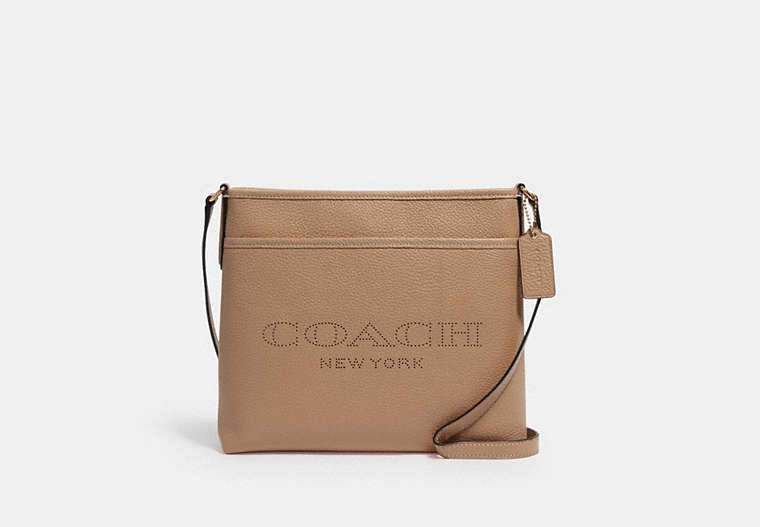 COACH®,FILE CROSSBODY WITH COACH PRINT,Leather,Gold/Taupe,Front View