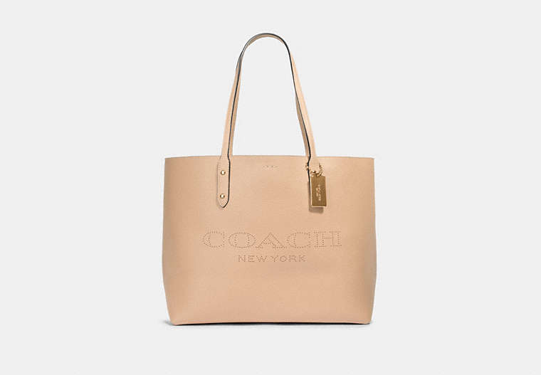 COACH®,TOWN TOTE WITH COACH PRINT,Leather,Gold/Taupe Poppy,Front View