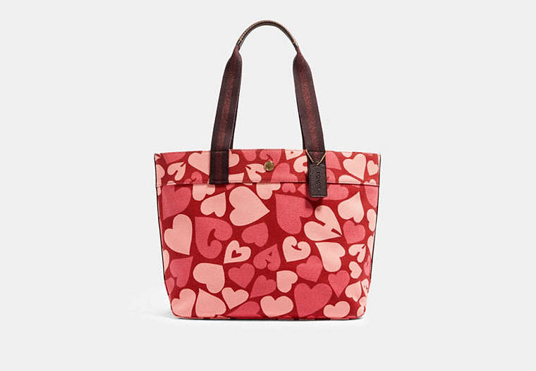 COACH®,TOTE WITH COACH HEART PRINT,canvas,Gold/Jasper Multi,Front View
