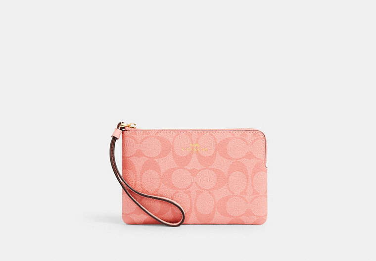 COACH®,CORNER ZIP WRISTLET IN SIGNATURE CANVAS,pvc,Mini,Gold/Candy Pink,Front View