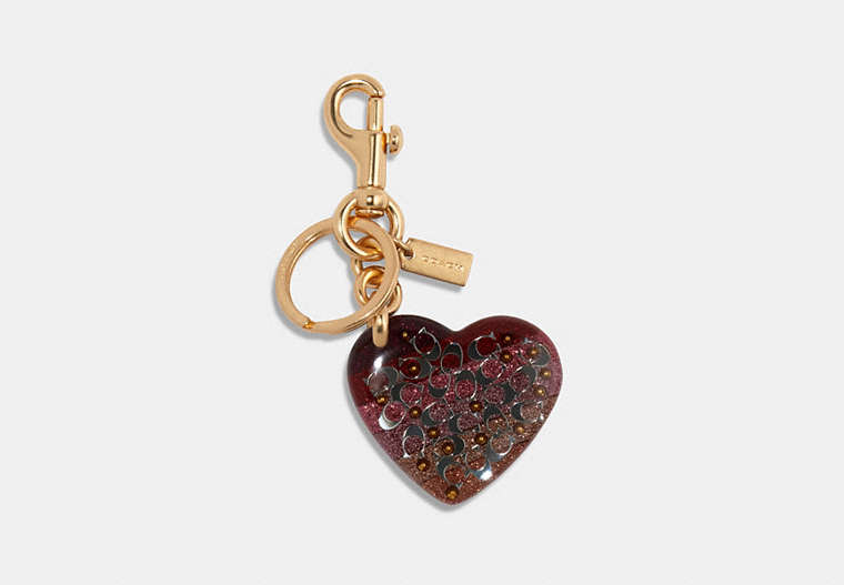 COACH®,SIGNATURE HEART BAG CHARM,resin,Gold/Pink Multi,Front View