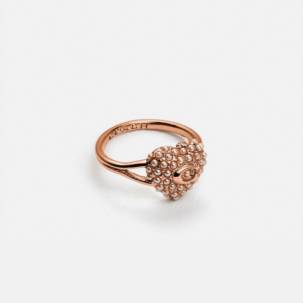 COACH®,VINTAGE PEARL HEART RING,Metal,Rose gold,Front View