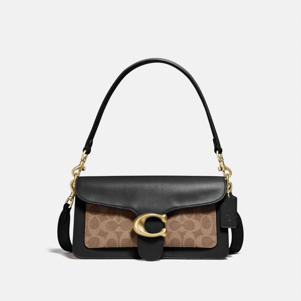 COACH®,TABBY SHOULDER BAG 26 WITH SIGNATURE CANVAS,Coated Canvas,Medium,Brass/Tan Black,Front View image number 0