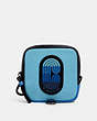 COACH®,SQUARE HYBRID POUCH IN COLORBLOCK WITH COACH PATCH,Leather,Mini,Gunmetal/Blue Multi,Front View