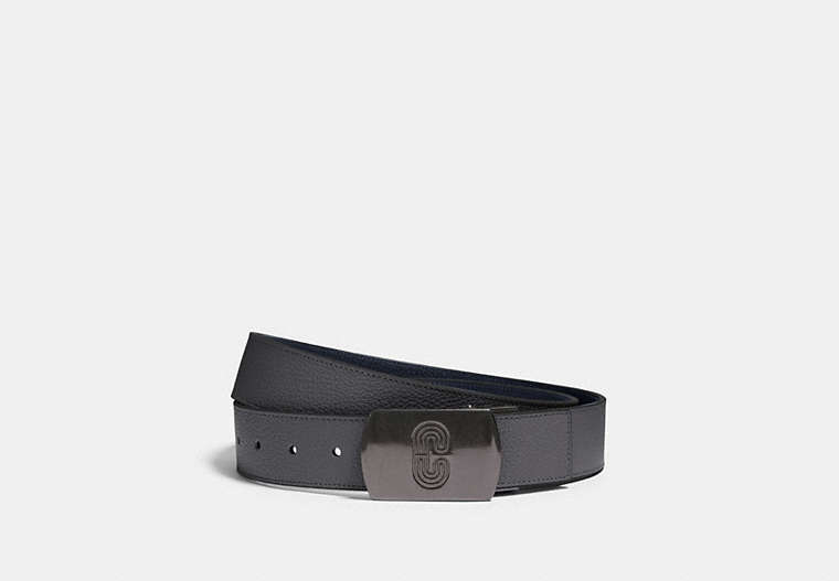 COACH®,PLAQUE BUCKLE CUT-TO-SIZE REVERSIBLE BELT, 38MM,Leather,QB/Industrial Grey Navy,Front View