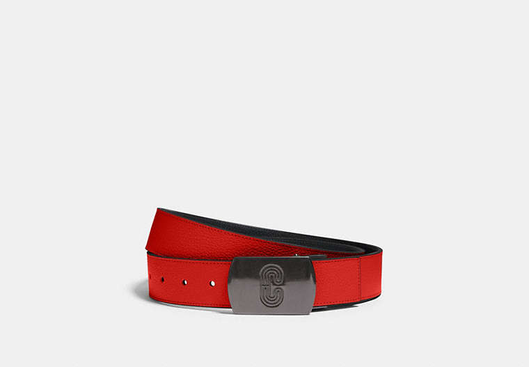 COACH®,PLAQUE BUCKLE CUT-TO-SIZE REVERSIBLE BELT, 38MM,Leather,Gunmetal/Miami Red Blue Jay,Front View