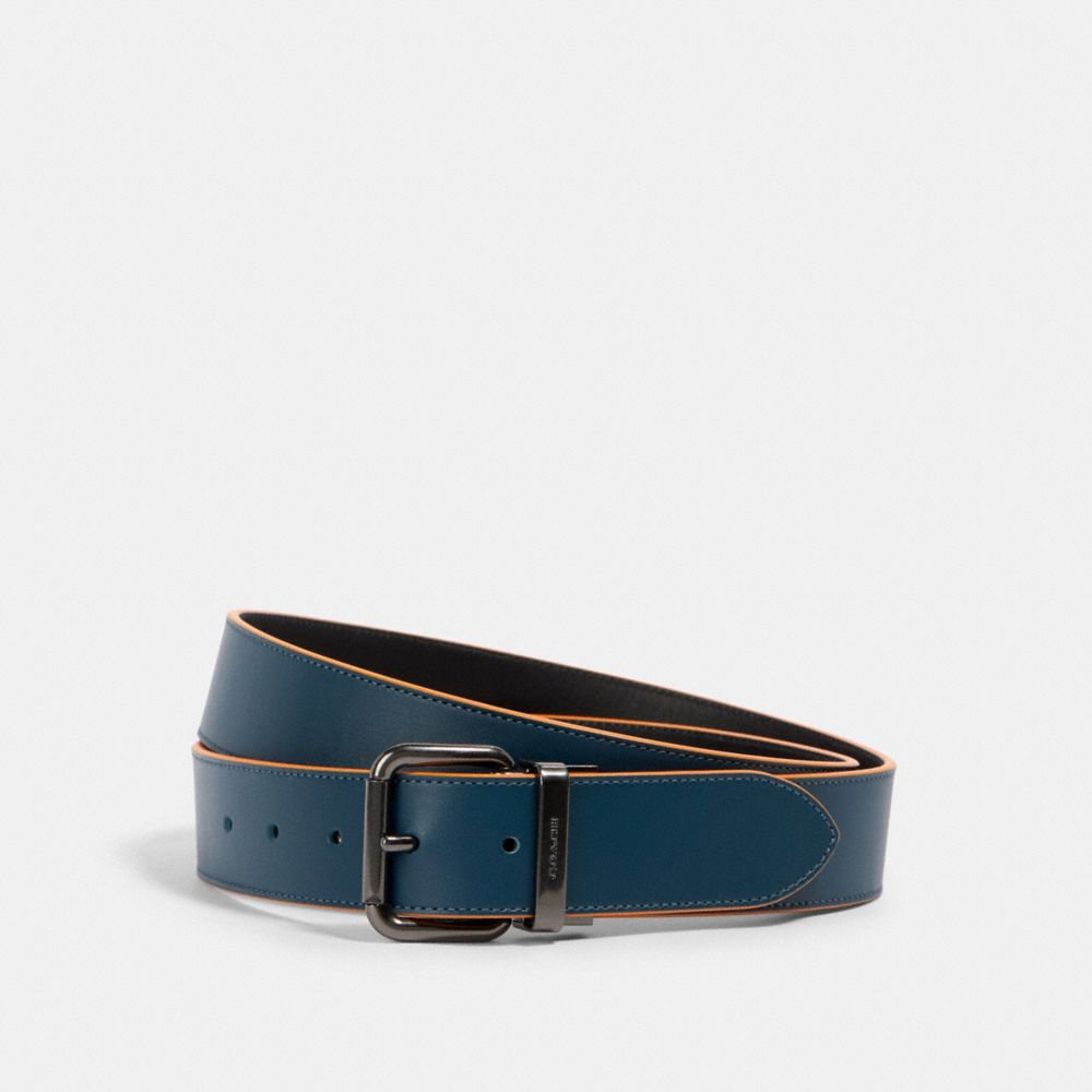 COACH®,HARNESS BUCKLE CUT-TO-SIZE REVERSIBLE BELT, 38MM,Leather,Gunmetal/Aegean Black,Front View