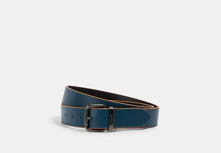 COACH®,HARNESS BUCKLE CUT-TO-SIZE REVERSIBLE BELT, 38MM,Leather,Gunmetal/Aegean Black,Front View