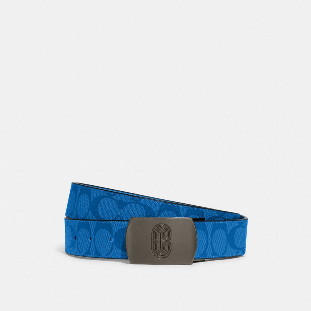 COACH®,PLAQUE BUCKLE CUT-TO-SIZE REVERSIBLE BELT, 38MM,Gunmetal/Bright Blue,Front View