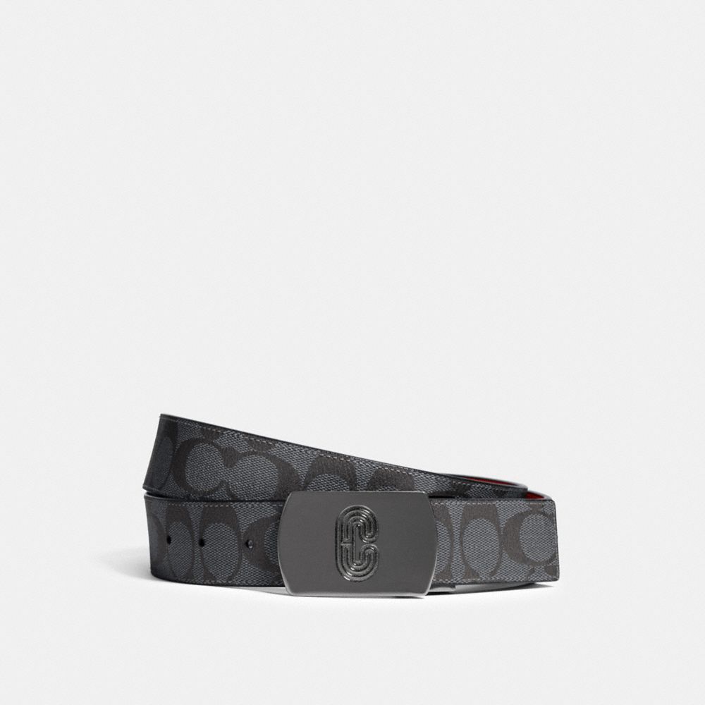 COACH®,PLAQUE BUCKLE CUT-TO-SIZE REVERSIBLE BELT, 38MM,Gunmetal/Charcoal Bright Cardinal,Front View