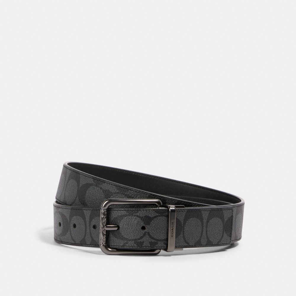 COACH®,HARNESS BUCKLE CUT-TO-SIZE REVERSIBLE BELT, 38MM,Gunmetal/Charcoal/Black,Front View