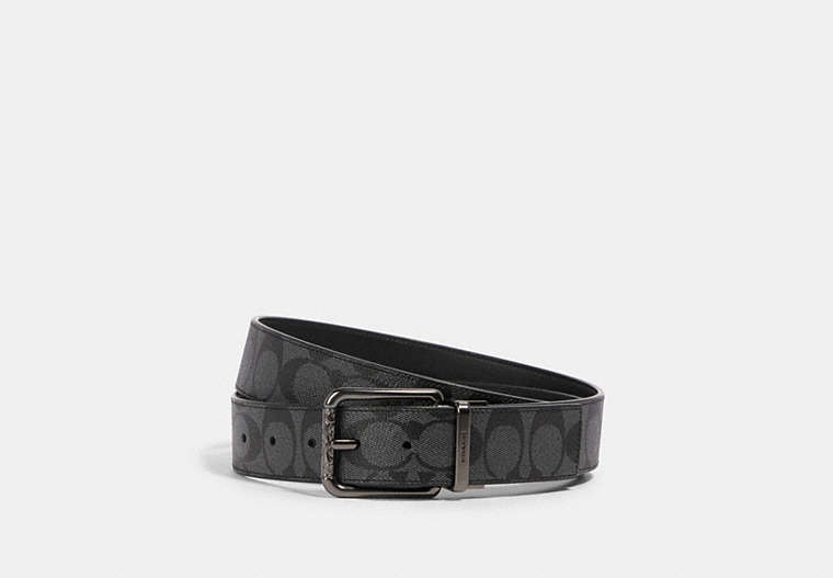 COACH®,HARNESS BUCKLE CUT-TO-SIZE REVERSIBLE BELT, 38MM,pvc,Gunmetal/Charcoal/Black,Front View image number 0