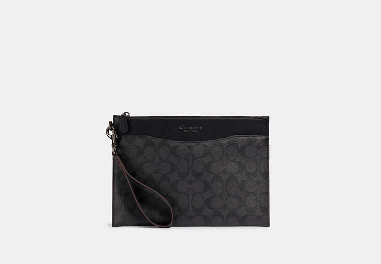 COACH®,BECKETT SLIM POUCH IN SIGNATURE CANVAS,pvc,Black Copper Finish/Black/Black,Front View image number 0