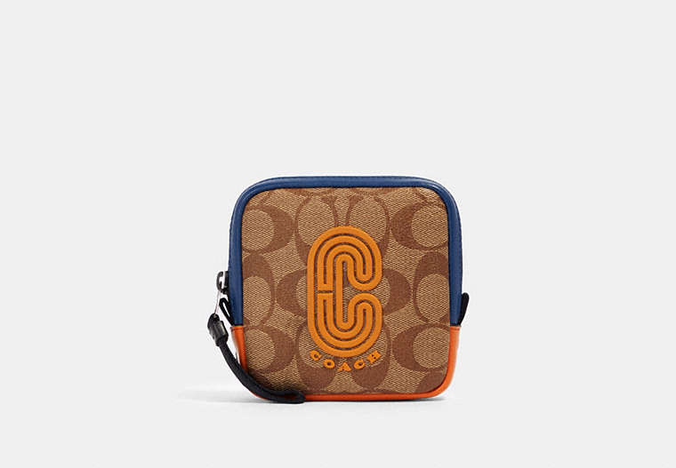 COACH®,SQUARE HYBRID POUCH IN COLORBLOCK SIGNATURE CANVAS WITH COACH PATCH,pvc,Mini,Gunmetal/Tan Admiral Multi,Front View