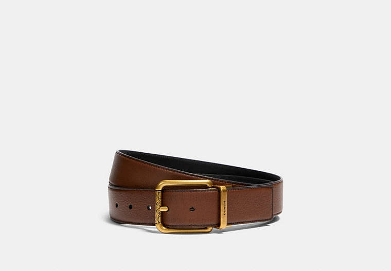 COACH®,SQUARE ROLLER BUCKLE CUT-TO-SIZE REVERSIBLE BELT, 38MM,Pebbled Leather,Antique Brass/Dark Saddle Black,Front View