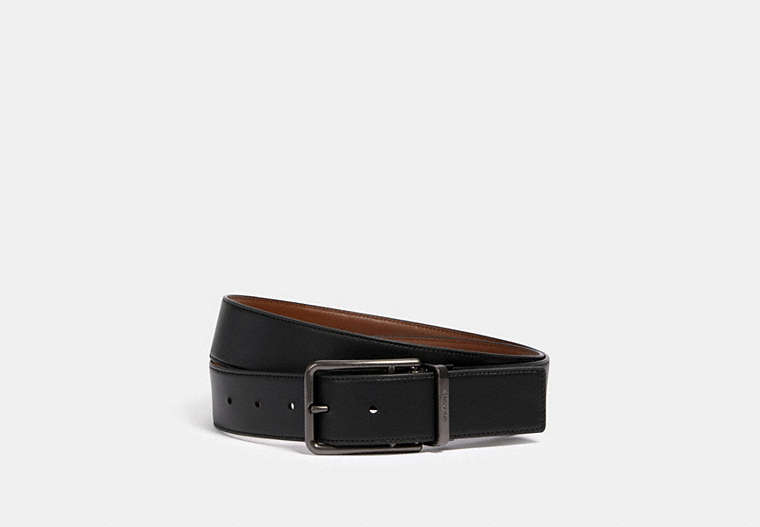 COACH®,DOUBLE BAR BUCKLE CUT-TO-SIZE REVERSIBLE BELT, 38MM,Leather,Gunmetal/Black/Dark Saddle,Front View