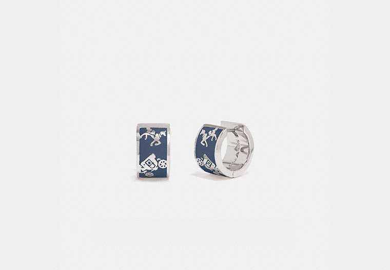 COACH®,HORSE AND CARRIAGE HUGGIE EARRINGS,Plated Brass,Silver/Denim,Front View