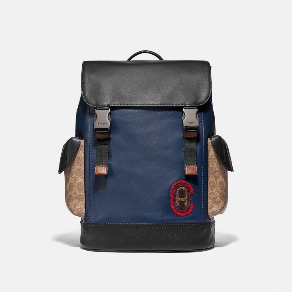 COACH®,RIVINGTON BACKPACK WITH SIGNATURE CANVAS DETAIL AND COACH PATCH,Leather,Black Copper/Khaki/True Navy,Front View