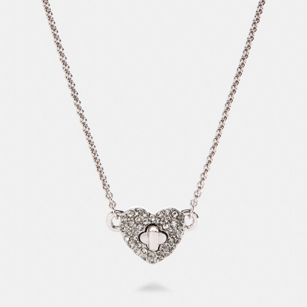 COACH®,PAVE TURNLOCK HEART NECKLACE,Metal,Silver,Front View
