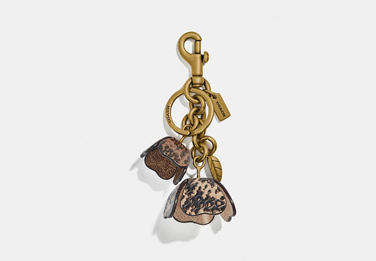 COACH®,TEA ROSE BAG CHARM IN SNAKESKIN,Leather,Brass/Snake Sig Multi,Front View