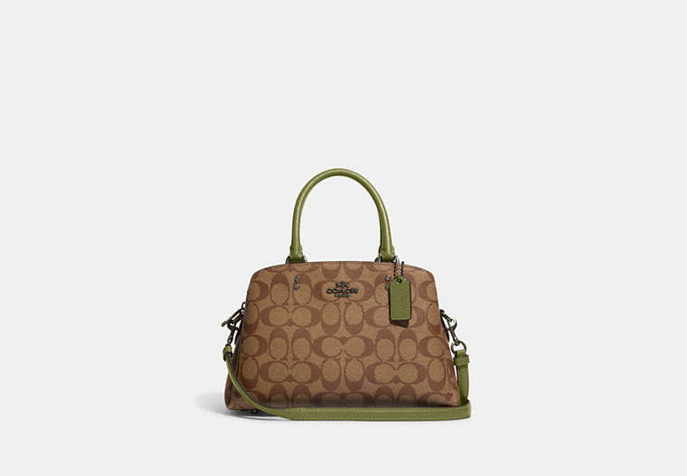 COACH®,MINI LILLIE CARRYALL IN SIGNATURE CANVAS,pvc,Large,Black Antique Nickel/Khaki/Olive Green,Front View