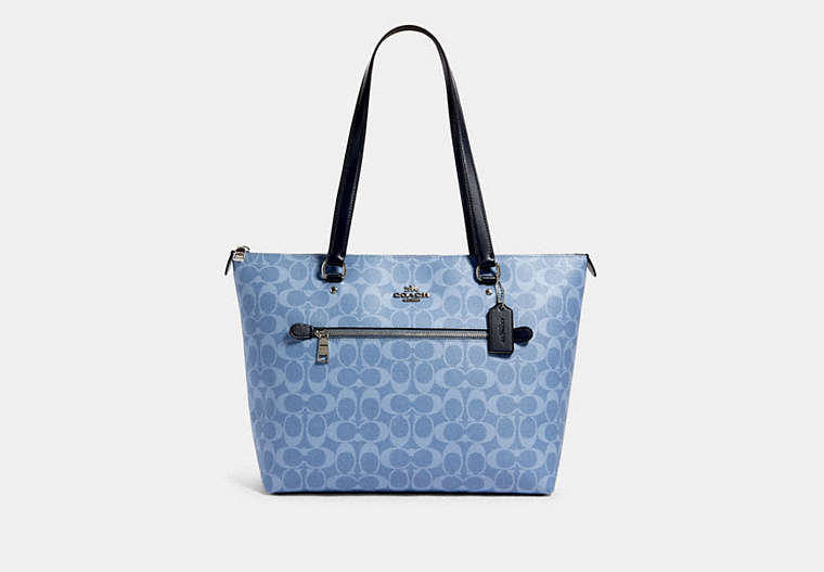 COACH®,GALLERY TOTE IN SIGNATURE CANVAS,Leather,Silver/Light Denim,Front View