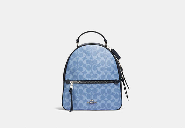 COACH®,JORDYN BACKPACK IN SIGNATURE CANVAS,pvc,Silver/Light Denim,Front View