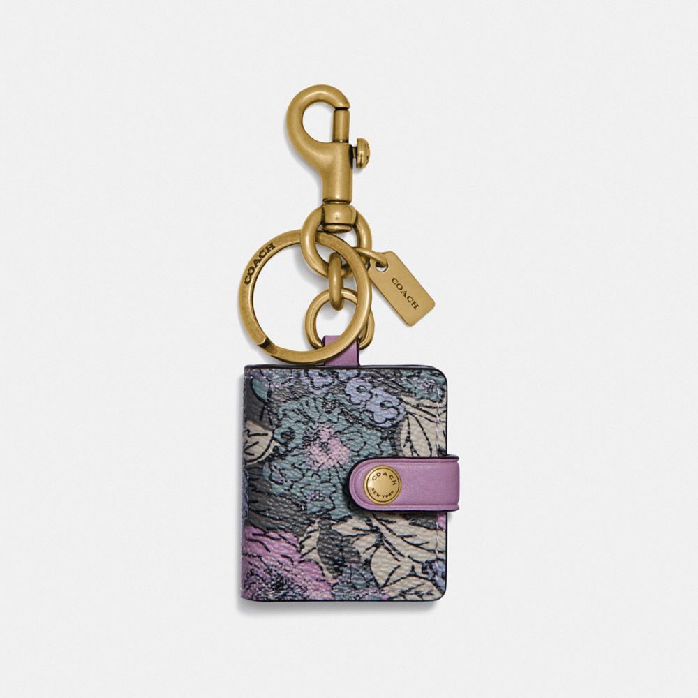 COACH®,PICTURE FRAME BAG CHARM WITH HERITAGE FLORAL PRINT,Leather,Brass/Soft Lilac Multi,Front View