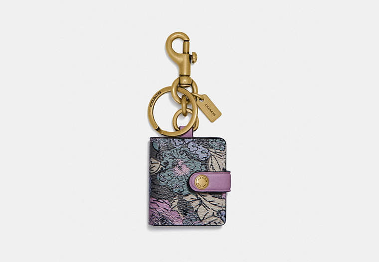 COACH®,PICTURE FRAME BAG CHARM WITH HERITAGE FLORAL PRINT,Leather,Brass/Soft Lilac Multi,Front View