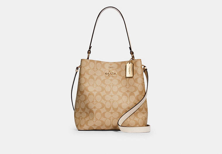 COACH®,TOWN BUCKET BAG IN SIGNATURE CANVAS,Leather,Medium,Gold/Light Khaki Chalk,Front View