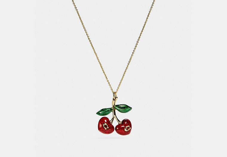 COACH®,SIGNATURE CHERRY NECKLACE,Plated Brass/Resin,GOLD/RED,Front View