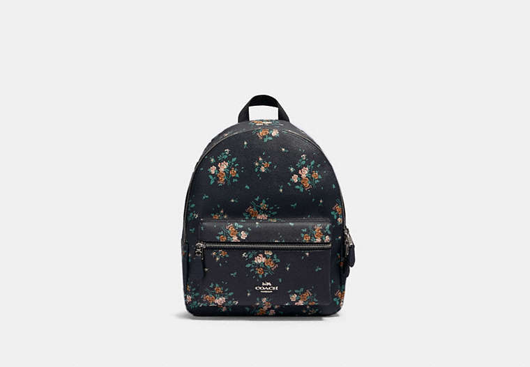COACH®,MEDIUM CHARLIE BACKPACK WITH ROSE BOUQUET PRINT,pvc,Silver/Midnight Multi,Front View